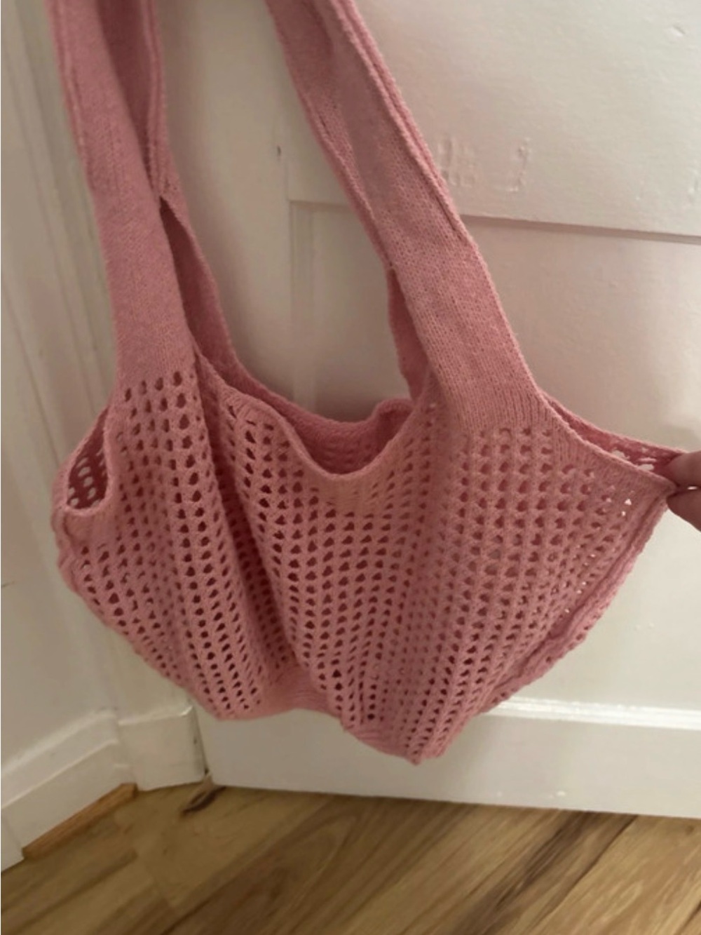 Pink Knit Mesh Tote Bag - Casual Everyday Shoulder Bag
